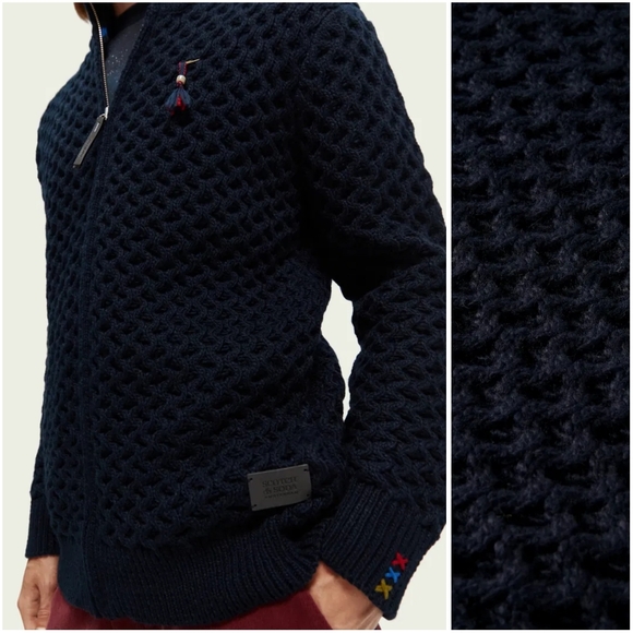 Scotch & Soda Zip-Through Lattice Stitch Cardigan Sweater Jacket Blue Medium - Picture 2 of 12